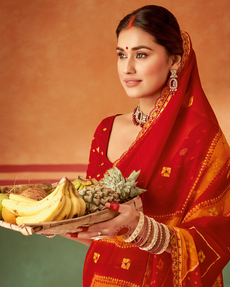 Vishal Prints Cherry Red Printed Chiffon Saree With Fancy Cut Work Embroidery Border