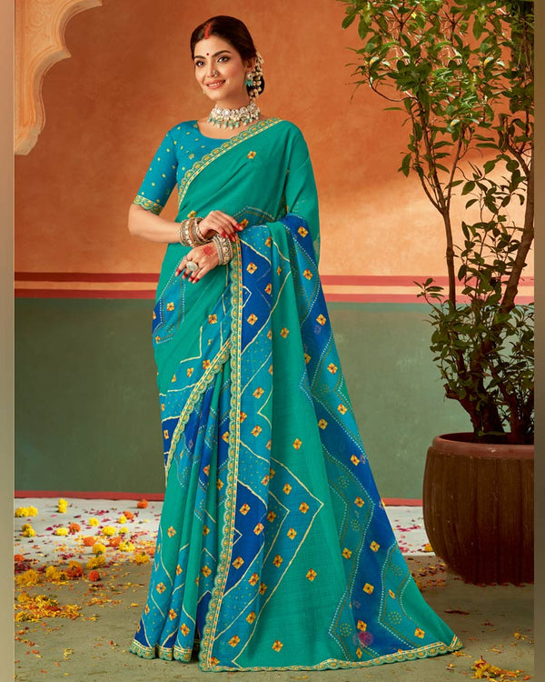 Vishal Prints Aqua Green Printed Chiffon Saree With Fancy Cut Work Embroidery Border