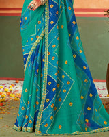Vishal Prints Aqua Green Printed Chiffon Saree With Fancy Cut Work Embroidery Border