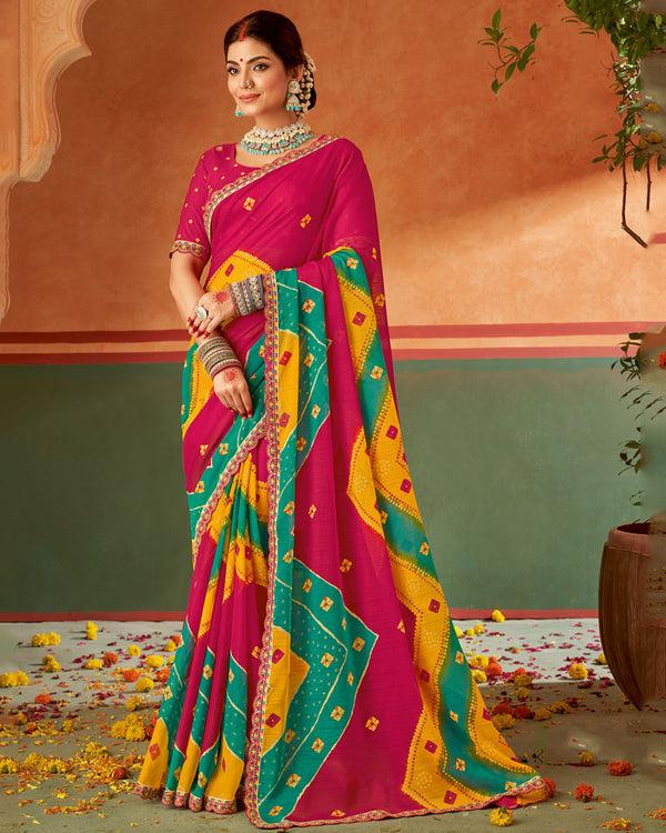 Vishal Prints Hot Pink Printed Chiffon Saree With Fancy Cut Work Embroidery Border