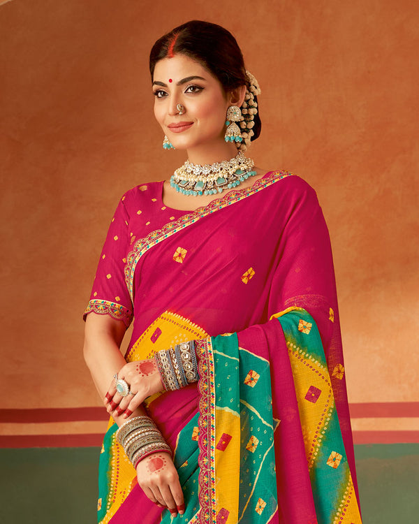 Vishal Prints Hot Pink Printed Chiffon Saree With Fancy Cut Work Embroidery Border