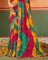 Vishal Prints Hot Pink Printed Chiffon Saree With Fancy Cut Work Embroidery Border