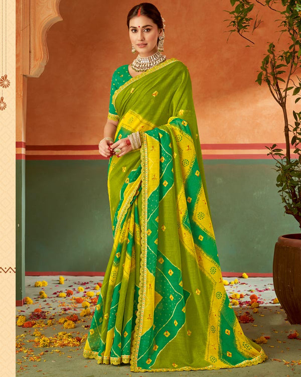 Vishal Prints Olive Green Printed Chiffon Saree With Fancy Cut Work Embroidery Border