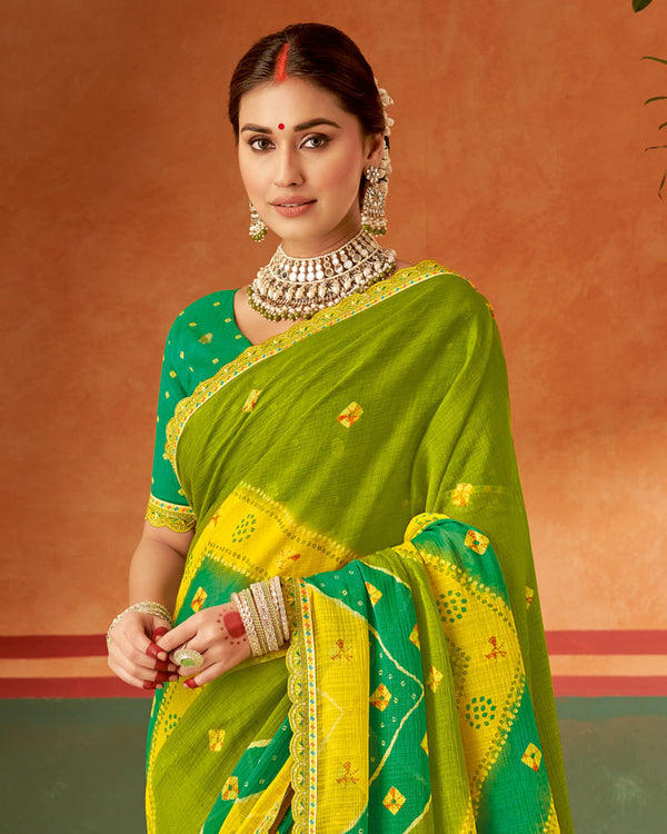 Vishal Prints Olive Green Printed Chiffon Saree With Fancy Cut Work Embroidery Border