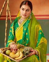 Vishal Prints Olive Green Printed Chiffon Saree With Fancy Cut Work Embroidery Border