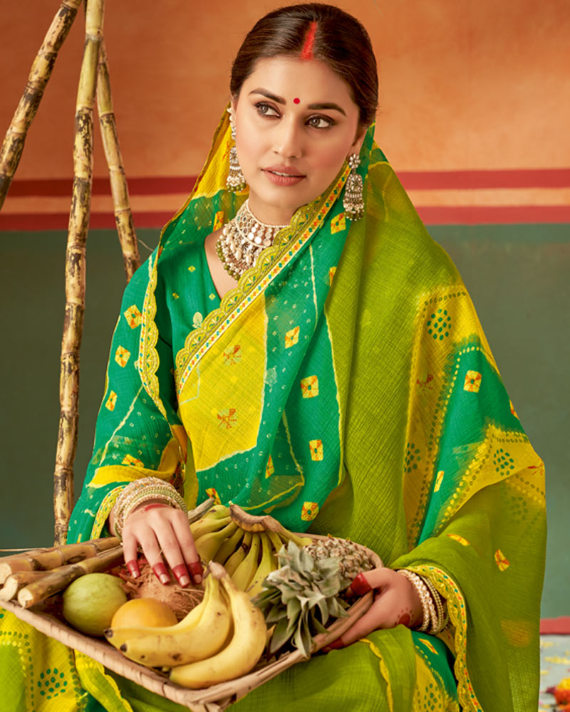 Vishal Prints Olive Green Printed Chiffon Saree With Fancy Cut Work Embroidery Border