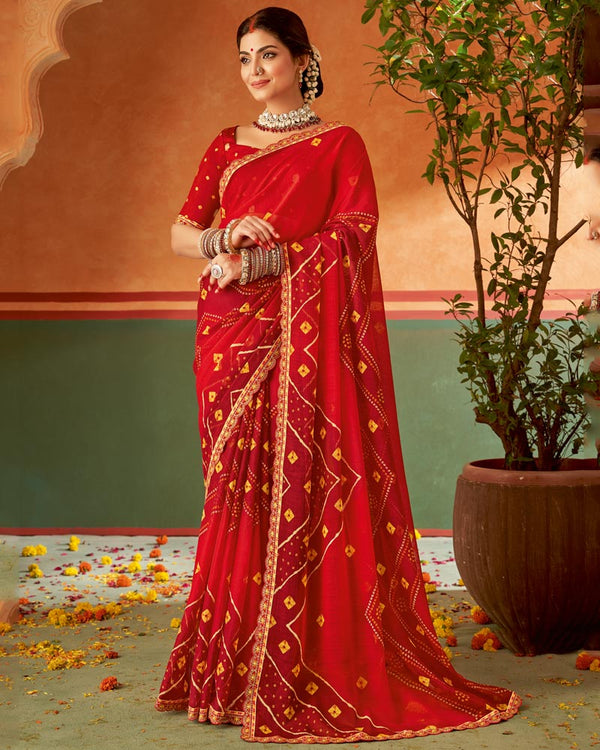 Vishal Prints Dark Red Printed Chiffon Saree With Fancy Cut Work Embroidery Border