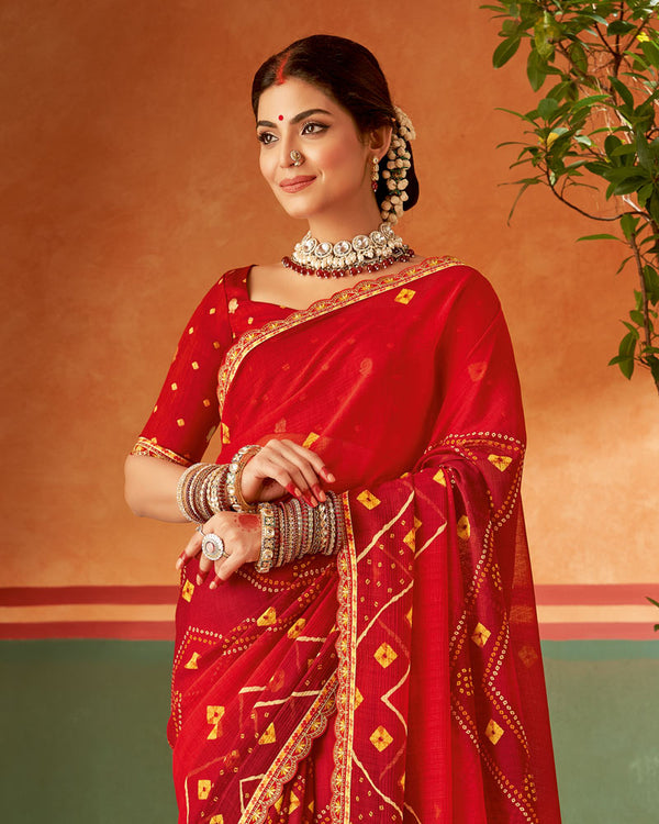 Vishal Prints Dark Red Printed Chiffon Saree With Fancy Cut Work Embroidery Border