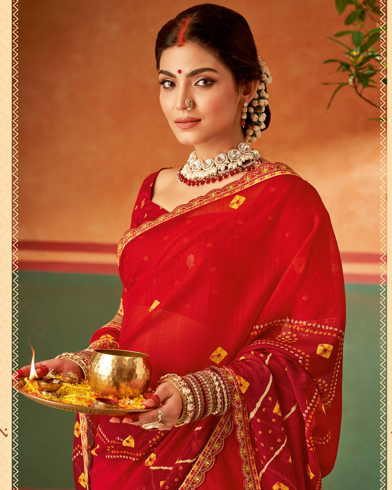 Vishal Prints Dark Red Printed Chiffon Saree With Fancy Cut Work Embroidery Border