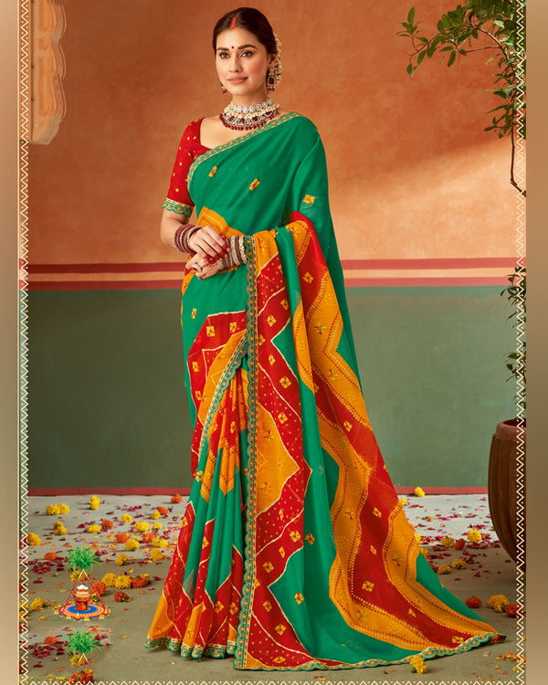 Vishal Prints Dark Mint Green Printed Chiffon Saree With Fancy Cut Work Embroidery Border
