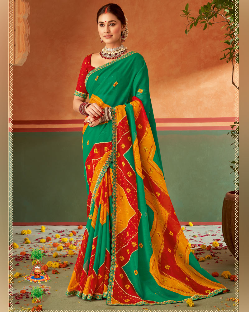 Vishal Prints Dark Mint Green Printed Chiffon Saree With Fancy Cut Work Embroidery Border