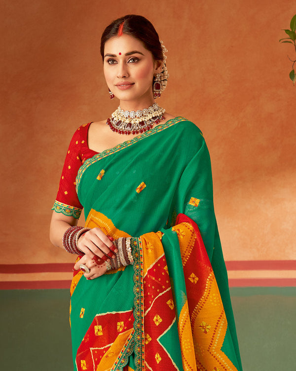 Vishal Prints Dark Mint Green Printed Chiffon Saree With Fancy Cut Work Embroidery Border