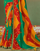 Vishal Prints Dark Mint Green Printed Chiffon Saree With Fancy Cut Work Embroidery Border