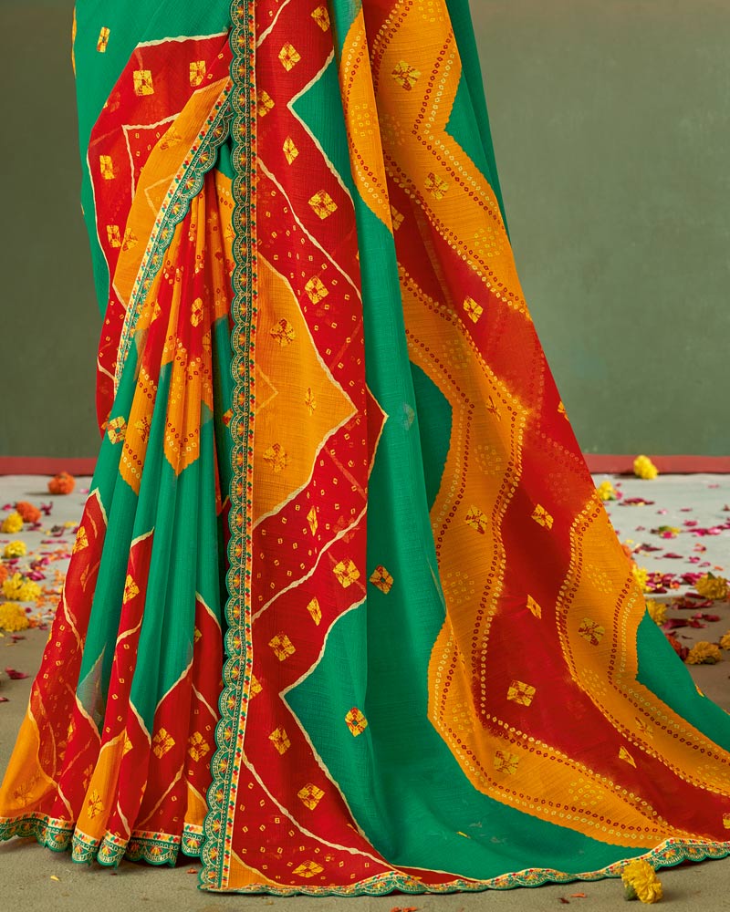 Vishal Prints Dark Mint Green Printed Chiffon Saree With Fancy Cut Work Embroidery Border