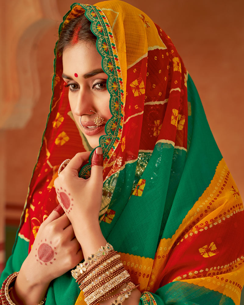Vishal Prints Dark Mint Green Printed Chiffon Saree With Fancy Cut Work Embroidery Border