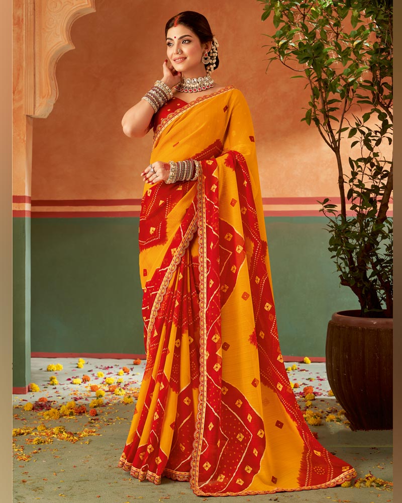Vishal Prints Saffron Color Printed Chiffon Saree With Fancy Cut Work Embroidery Border
