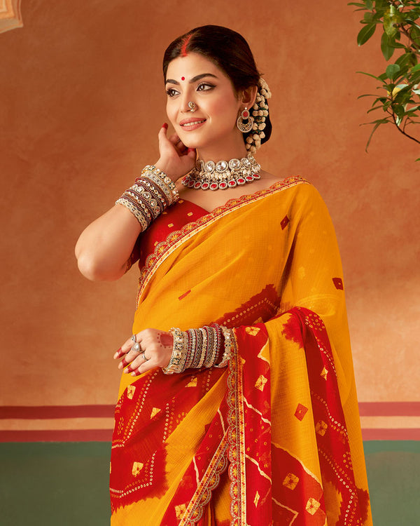 Vishal Prints Saffron Color Printed Chiffon Saree With Fancy Cut Work Embroidery Border