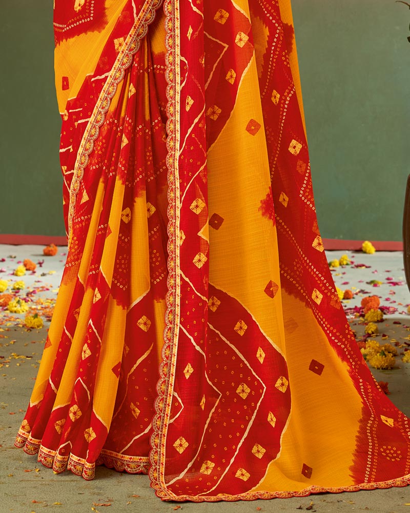 Vishal Prints Saffron Color Printed Chiffon Saree With Fancy Cut Work Embroidery Border