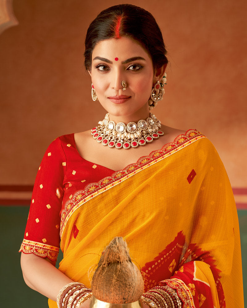 Vishal Prints Saffron Color Printed Chiffon Saree With Fancy Cut Work Embroidery Border