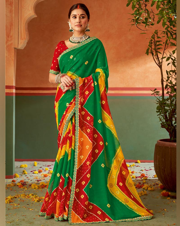 Vishal Prints Dark Green Printed Chiffon Saree With Fancy Cut Work Embroidery Border