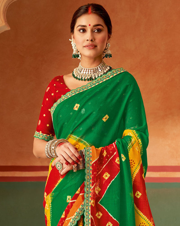 Vishal Prints Dark Green Printed Chiffon Saree With Fancy Cut Work Embroidery Border