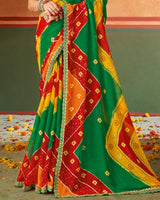 Vishal Prints Dark Green Printed Chiffon Saree With Fancy Cut Work Embroidery Border