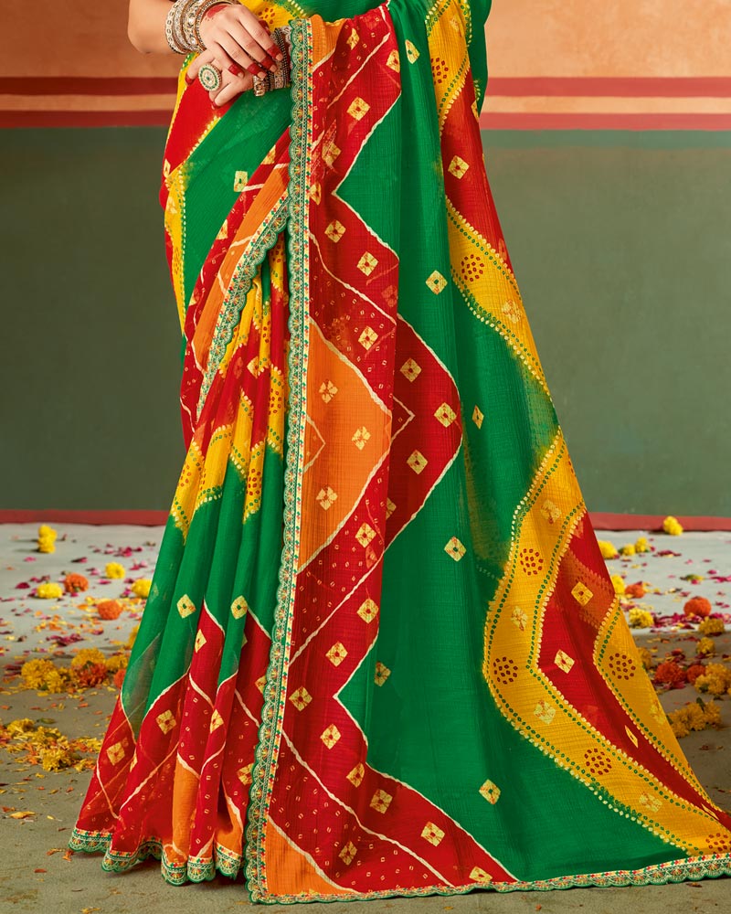 Vishal Prints Dark Green Printed Chiffon Saree With Fancy Cut Work Embroidery Border