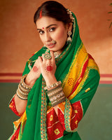 Vishal Prints Dark Green Printed Chiffon Saree With Fancy Cut Work Embroidery Border
