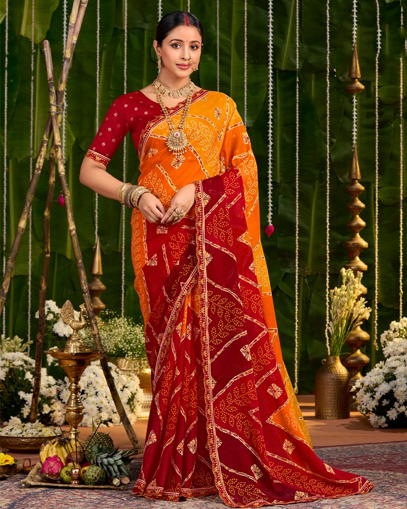 Vishal Prints Pumpkin Orange And Brick Red Printed Chiffon Traditional Print Saree With Cut Work Embroidery Border