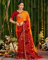 Vishal Prints Pumpkin Orange And Brick Red Printed Chiffon Traditional Print Saree With Cut Work Embroidery Border