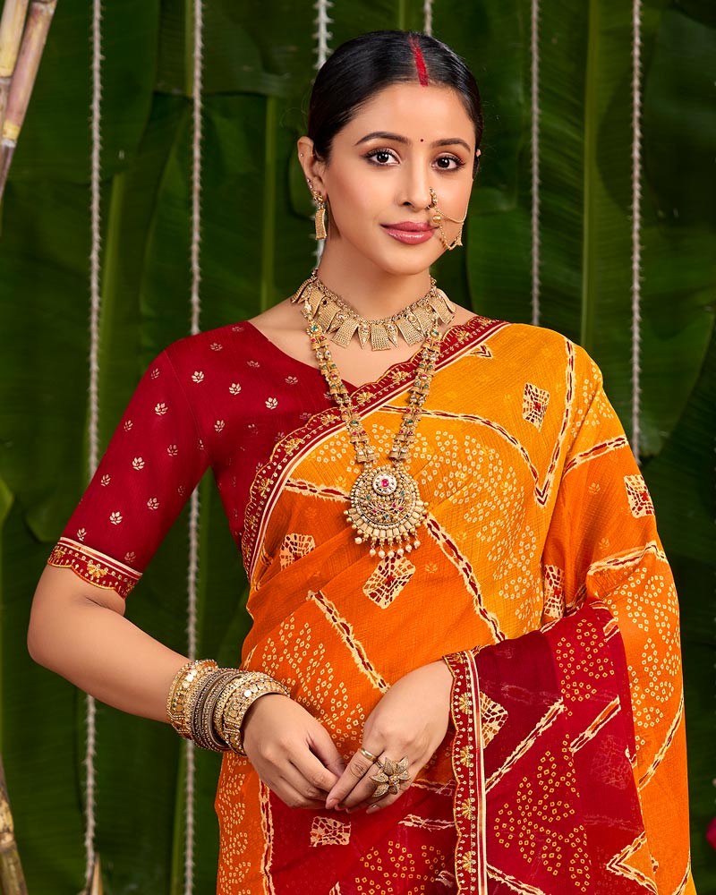 Vishal Prints Pumpkin Orange And Brick Red Printed Chiffon Traditional Print Saree With Cut Work Embroidery Border