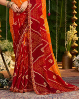 Vishal Prints Pumpkin Orange And Brick Red Printed Chiffon Traditional Print Saree With Cut Work Embroidery Border