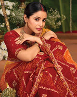 Vishal Prints Pumpkin Orange And Brick Red Printed Chiffon Traditional Print Saree With Cut Work Embroidery Border