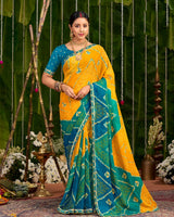 Vishal Prints Dark Orange And Teal Green Printed Chiffon Traditional Print Saree With Cut Work Embroidery Border