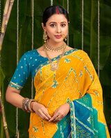 Vishal Prints Dark Orange And Teal Green Printed Chiffon Traditional Print Saree With Cut Work Embroidery Border