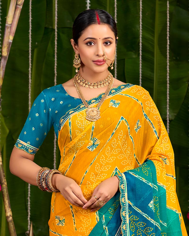 Vishal Prints Dark Orange And Teal Green Printed Chiffon Traditional Print Saree With Cut Work Embroidery Border