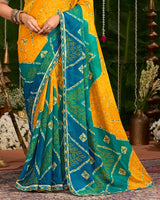 Vishal Prints Dark Orange And Teal Green Printed Chiffon Traditional Print Saree With Cut Work Embroidery Border