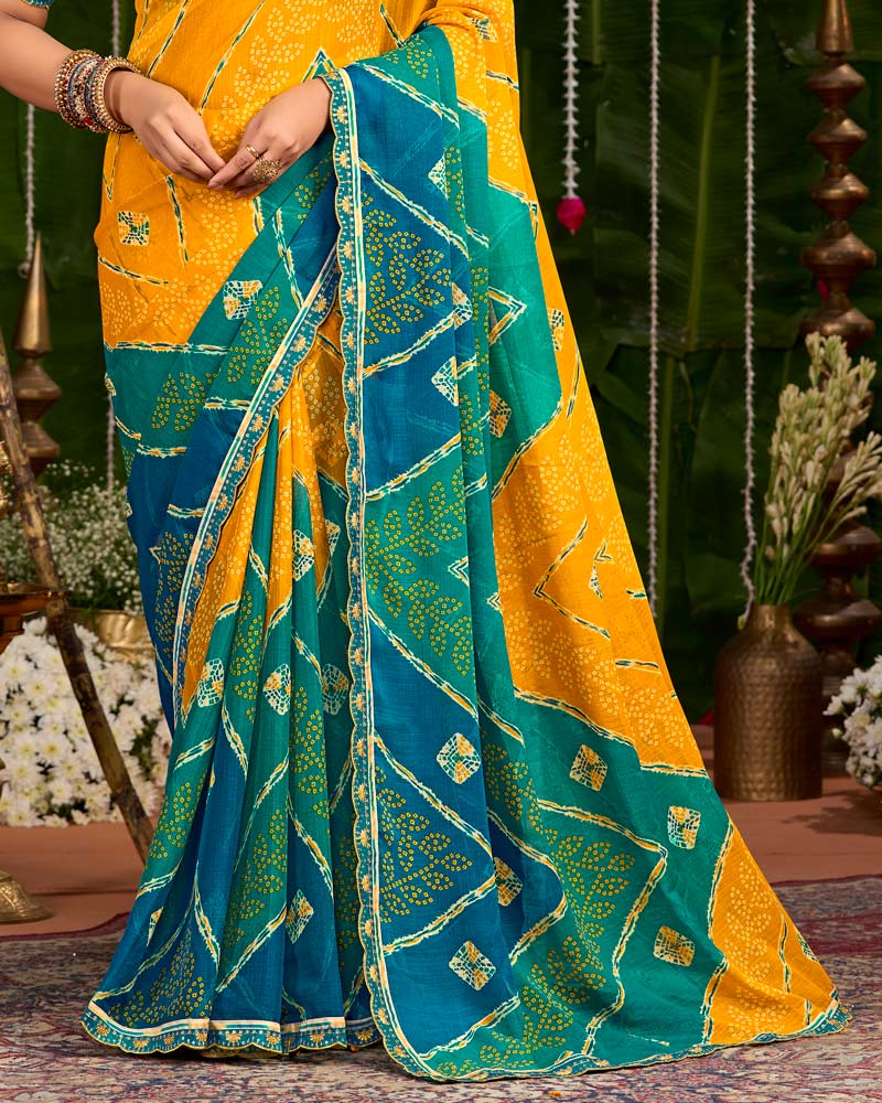 Vishal Prints Dark Orange And Teal Green Printed Chiffon Traditional Print Saree With Cut Work Embroidery Border