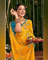 Vishal Prints Dark Orange And Teal Green Printed Chiffon Traditional Print Saree With Cut Work Embroidery Border