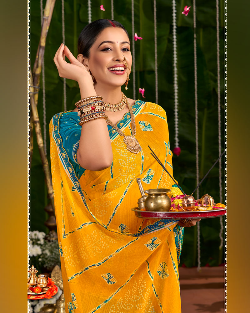 Vishal Prints Dark Orange And Teal Green Printed Chiffon Traditional Print Saree With Cut Work Embroidery Border