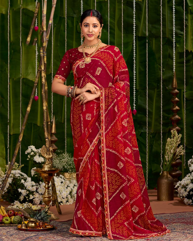 Vishal Prints Paprika Red Printed Chiffon Traditional Print Saree With Cut Work Embroidery Border