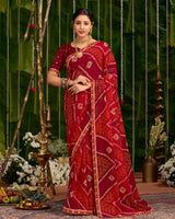 Vishal Prints Paprika Red Printed Chiffon Traditional Print Saree With Cut Work Embroidery Border