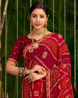 Vishal Prints Paprika Red Printed Chiffon Traditional Print Saree With Cut Work Embroidery Border