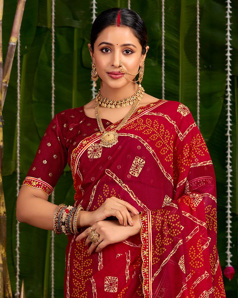 Vishal Prints Paprika Red Printed Chiffon Traditional Print Saree With Cut Work Embroidery Border