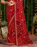 Vishal Prints Paprika Red Printed Chiffon Traditional Print Saree With Cut Work Embroidery Border