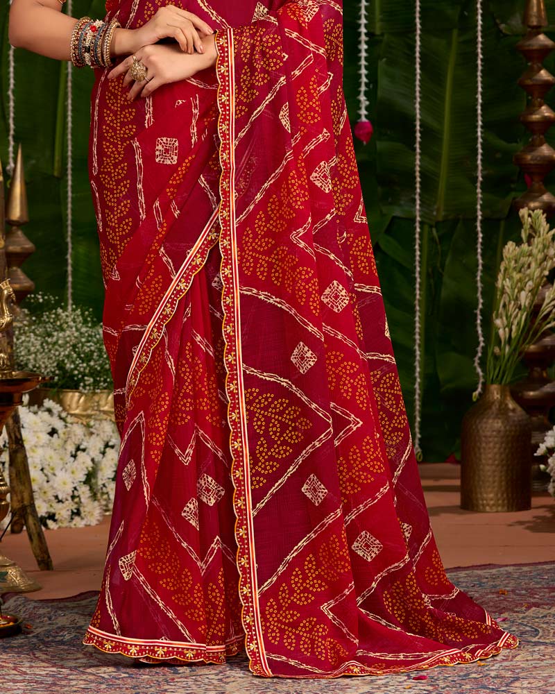 Vishal Prints Paprika Red Printed Chiffon Traditional Print Saree With Cut Work Embroidery Border