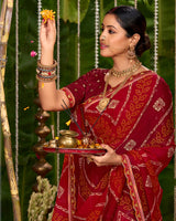 Vishal Prints Paprika Red Printed Chiffon Traditional Print Saree With Cut Work Embroidery Border