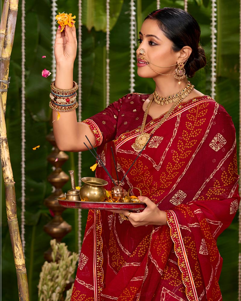 Vishal Prints Paprika Red Printed Chiffon Traditional Print Saree With Cut Work Embroidery Border