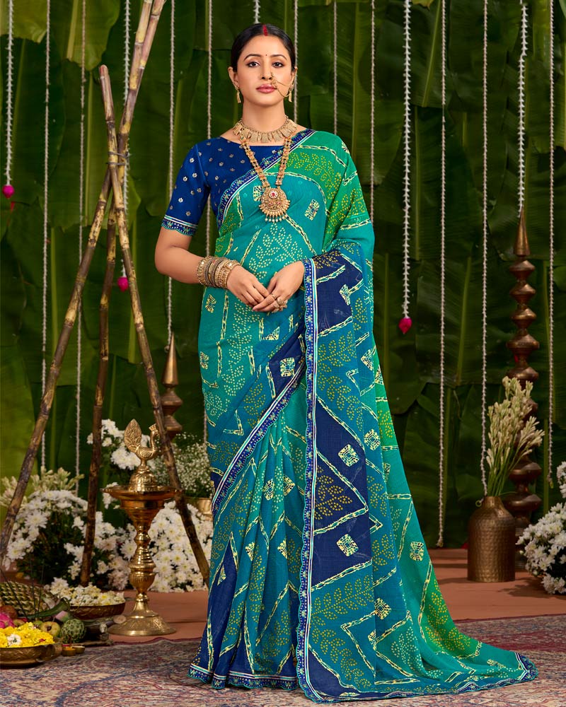 Vishal Prints Teal Blue And Jade Green Printed Chiffon Traditional Print Saree With Cut Work Embroidery Border