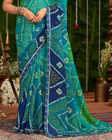 Vishal Prints Teal Blue And Jade Green Printed Chiffon Traditional Print Saree With Cut Work Embroidery Border